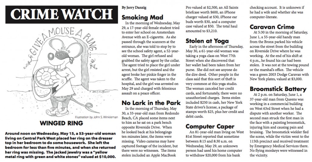 Crime Report illustration for the West Side Spirit 6/13/2013 by John S. Winkleman